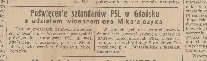 Wycinek prasowy: Poświęcenie sztandarów PSL w Gdańsku z udziałem wicepremiera Mikołajczyka