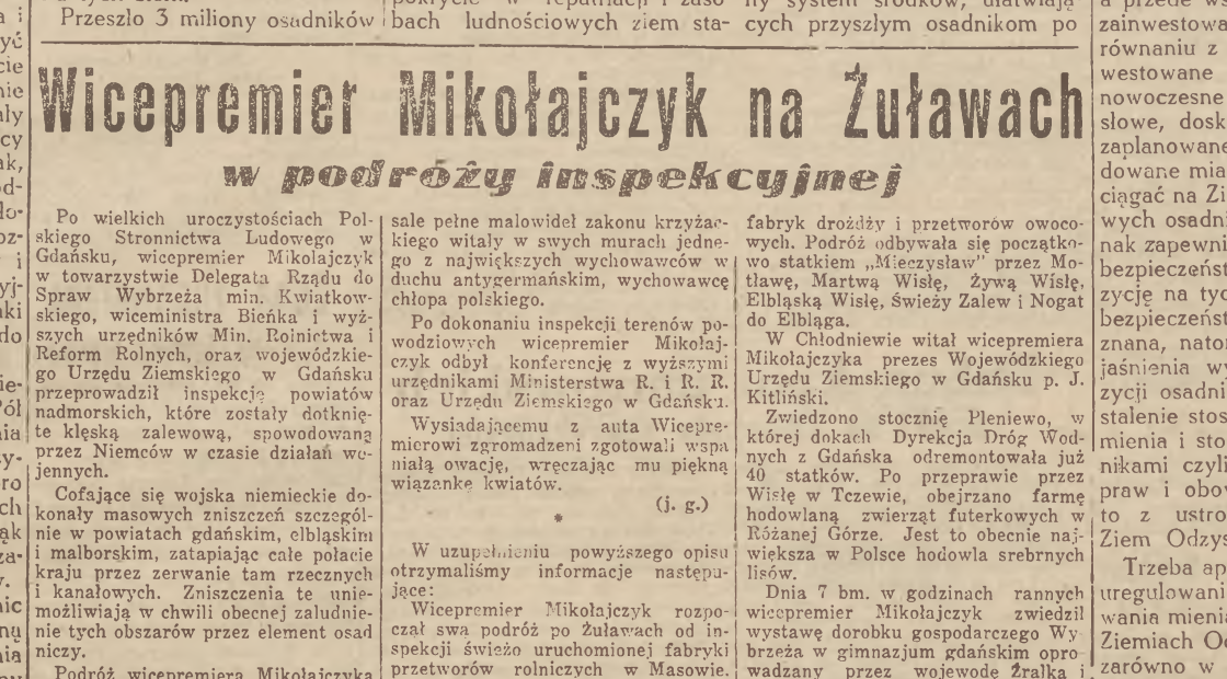 Wycinek z Gazety Ludowej: Wicepremier Mikołajczyk na Żuławach
